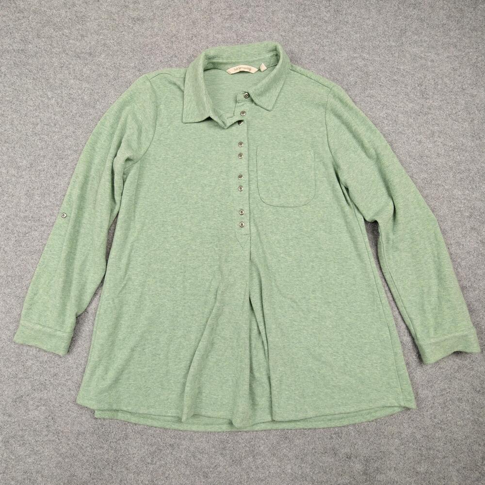 Soft Surroundings Button-Up Womens PM Green Tunic Roll Tab Sleeve Pocket
